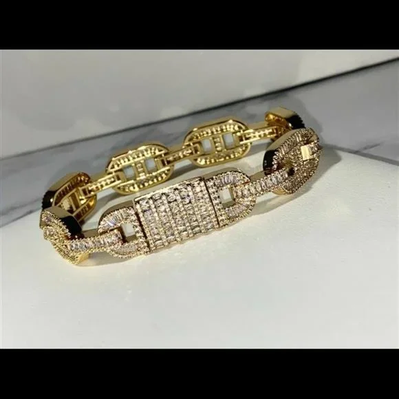 Designer Ice Out 14MM Miami Cuban Link Bracelet 14k Gold Finish Bling Bust Down